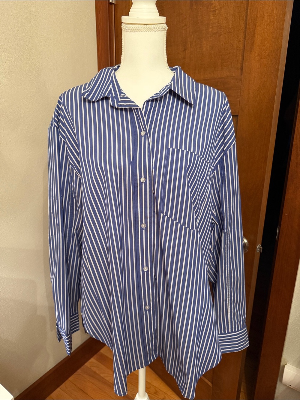 Women’s Blue and White Striped Button-Up Shirt